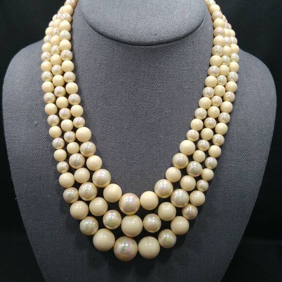 Vintage Jewelry - Vintage Mid Century Beige Iridescent Glass Beaded Necklace, 3 Strands, Box Clasp